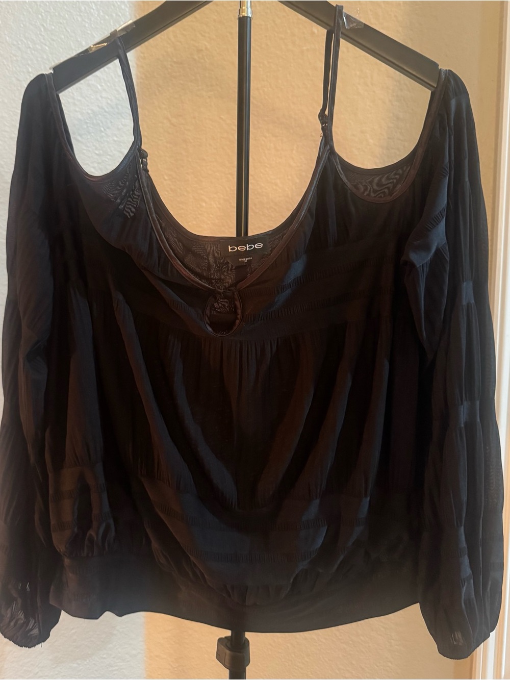 bebe Black Cold-Shoulder Boho Blouse with Ring Accent
